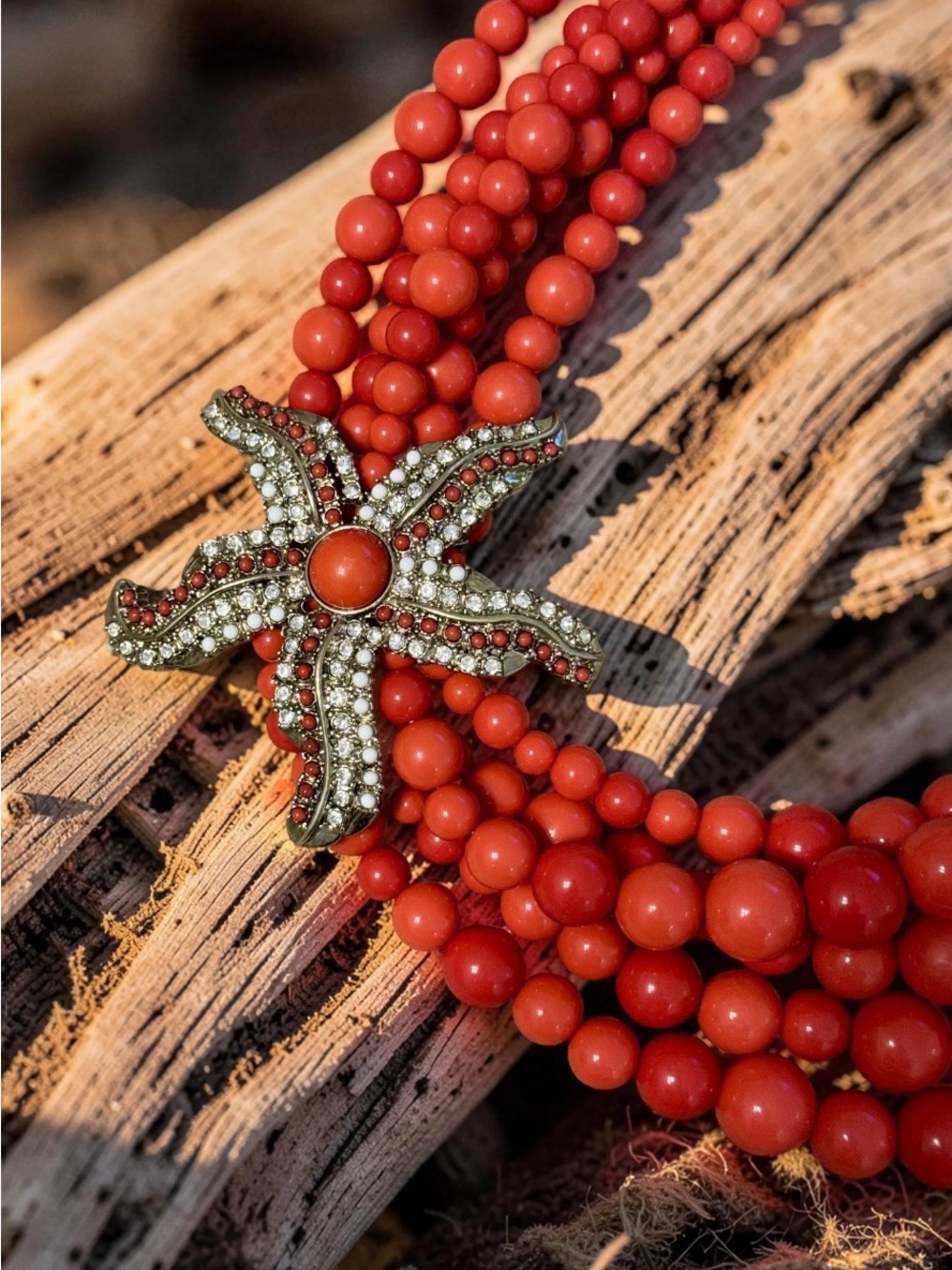 Vintage Bold Red Orange Multi-Strand Beaded Necklace with Starfish Crystal